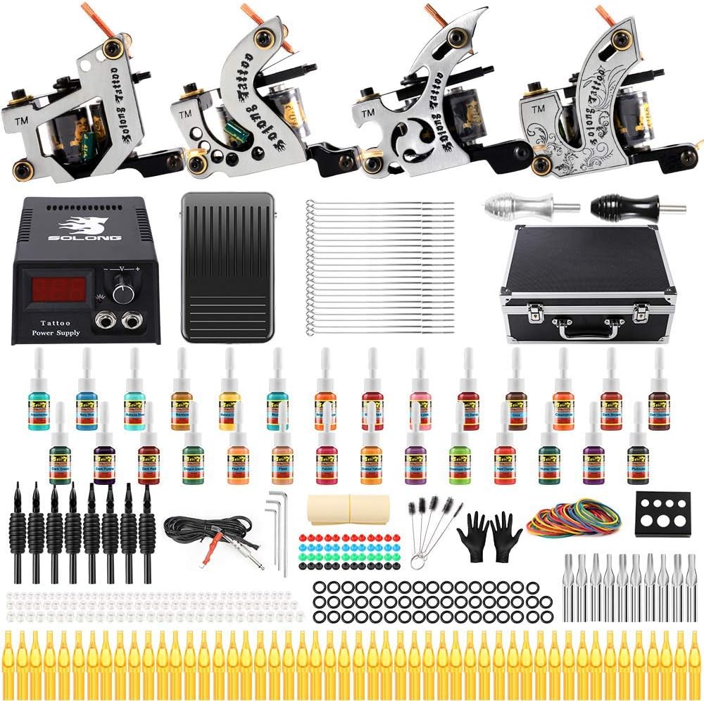 Solong Tattoo® Complete Starter Beginner Tattoo Kit 4 Pro Machine Guns 28 Inks Power Supply TK459