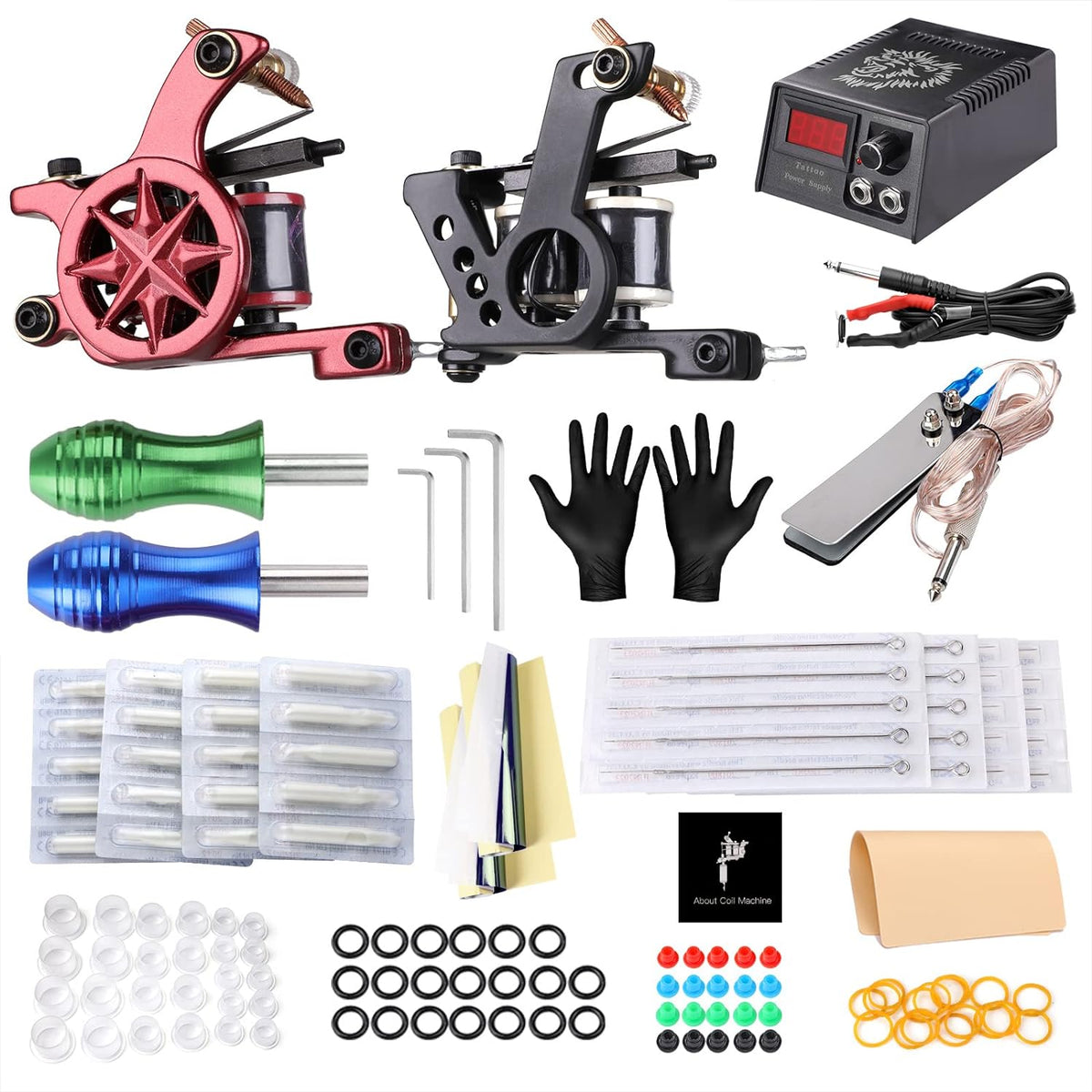 Solong Tattoo Complete Tattoo Set 2 Pro Machine Power Supply Foot Pedal Needles Grips Tips TK226